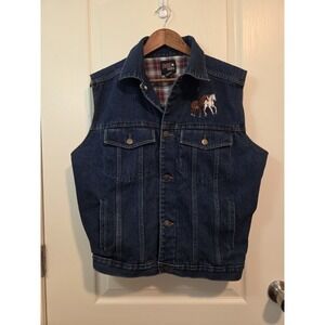 AOS Rodeo Size XL Denim Vest With Flannel Lining Embroidered Horse Western